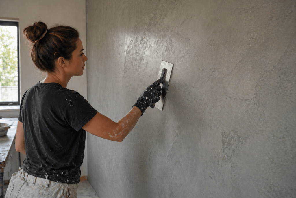 Woman Burnishing Concrete Finish with Trowel for Natural Look