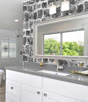 Cement Brick Backsplash in Bathroom Around Vanity MIrror