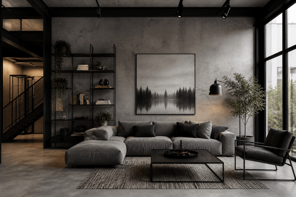 Industrial Style Living Room with Concrete and Black Metal Accents