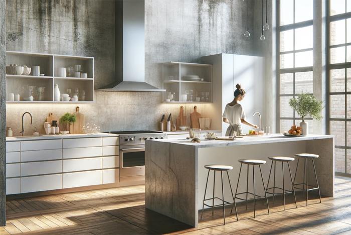 Aged Concrete Wallpaper in Modern Industrial Kitchen