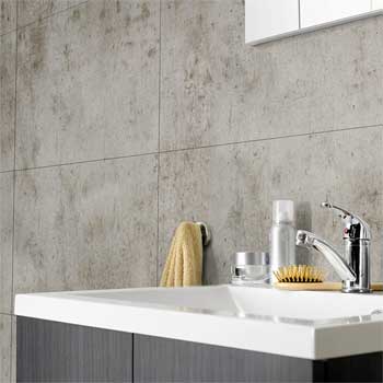 Palisade Tile Backsplash in Bathroom Looks Like Concrete