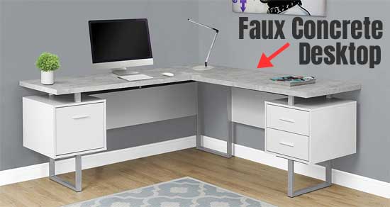 Corner Computer Desk with Faux Concrete Desktop, White Drawers and Metal Legs