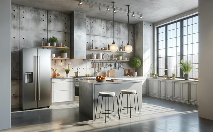 Faux Concrete Wallpaper in a Modern Kitchen
