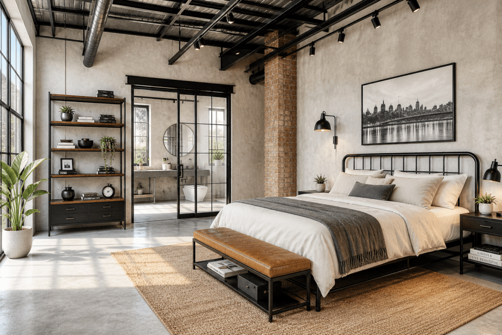 Modern Industrial Loft Bedroom with Concrete and Metal Styling
