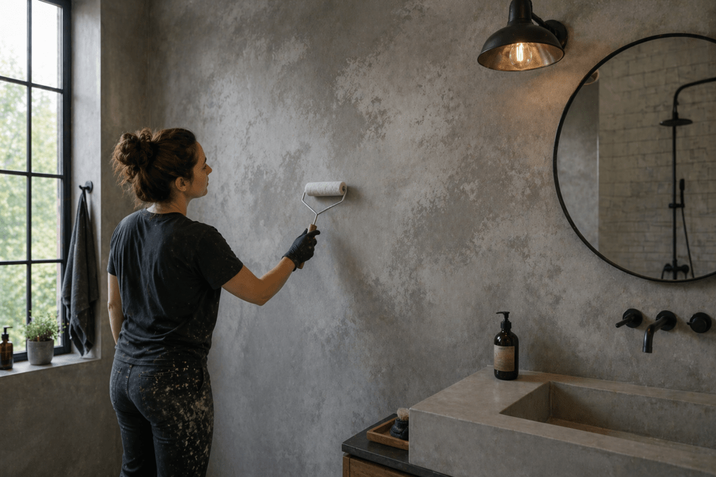 Woman Applying Matte Finish Over Concrete Wall in Bathroom