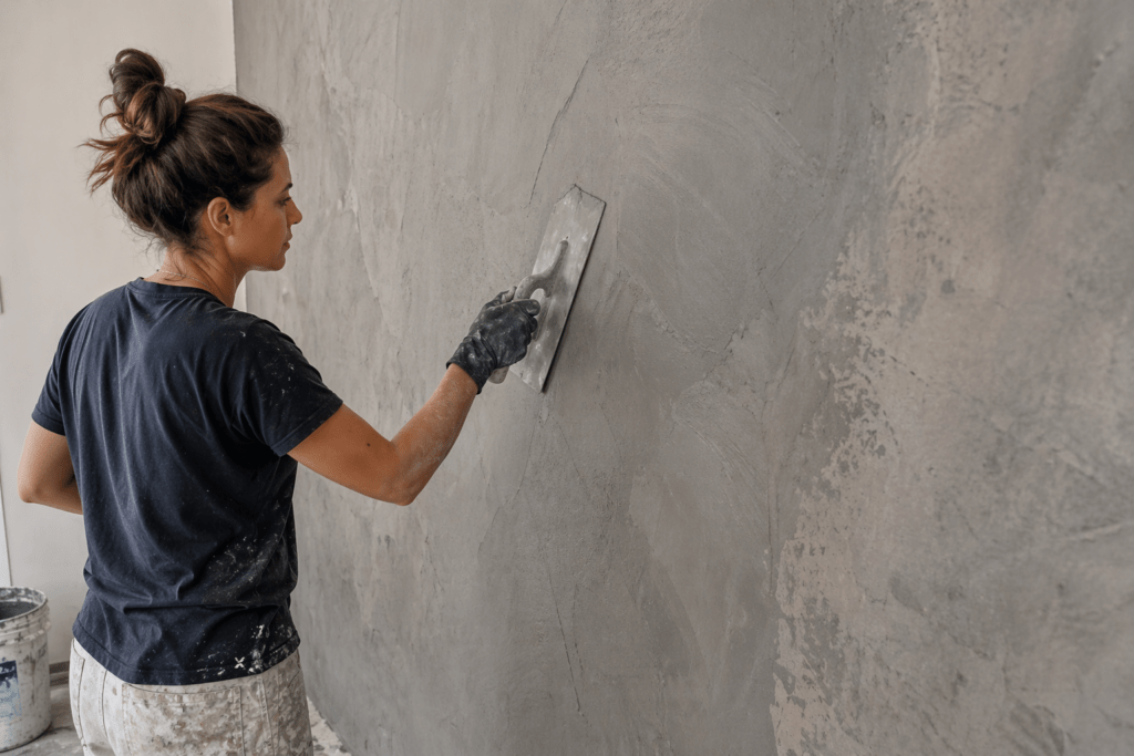 Woman Applying Faux Concrete to Wall in Layers