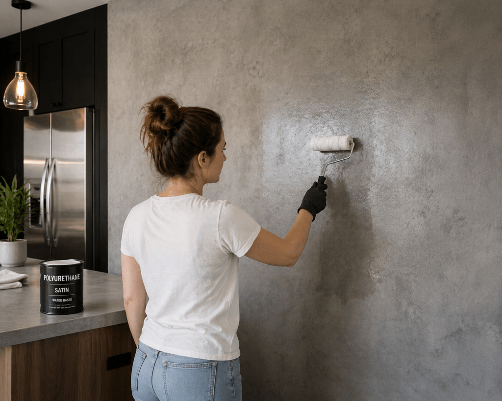 Applying Satin Sealer on Kitchen Concrete Wall