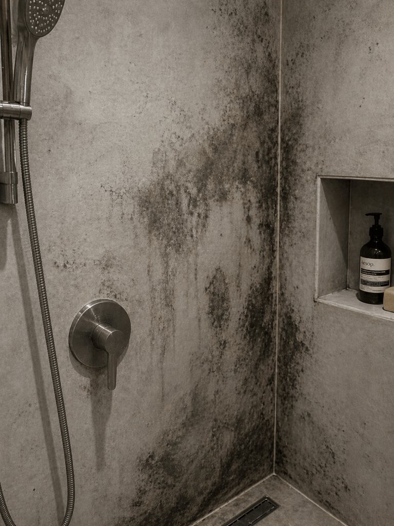 Mold on Shower Wall from Improper Sealing of Concrete