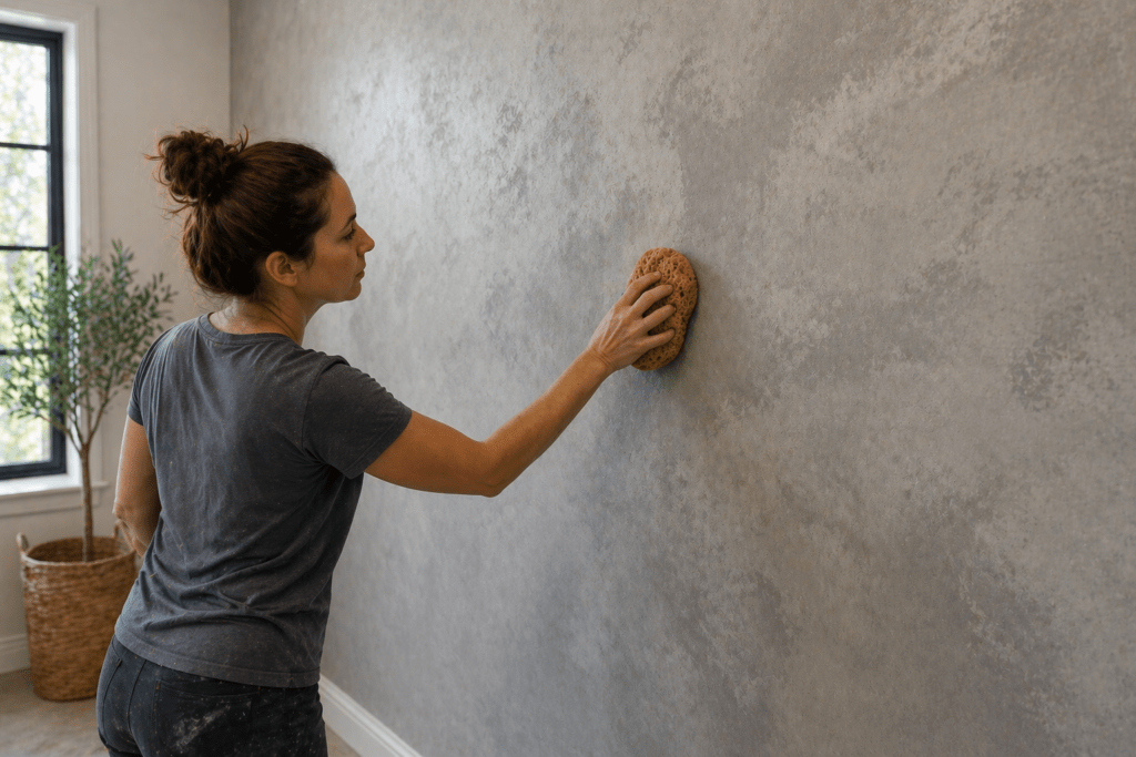 Woman Sponging Faux Concrete Wall Finish